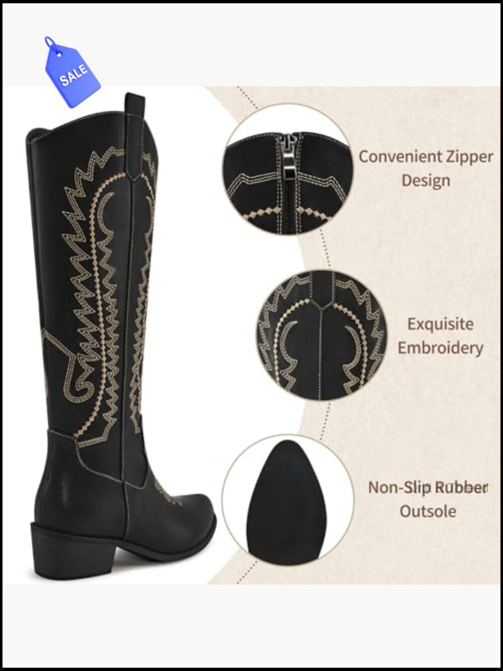 Embroidered Knee High Cowboy Boots with Chunky Heel, Pointed Toe, Side Zipper - Picture 5 of 7